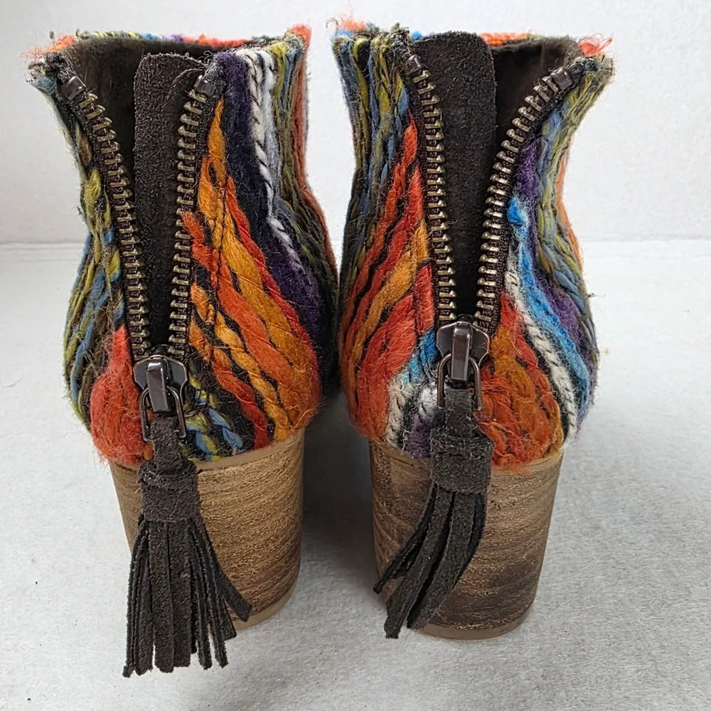 TOMS Lunata Brown Suede Multi Color Woven Tassel Ankle Boots Womens 8.5